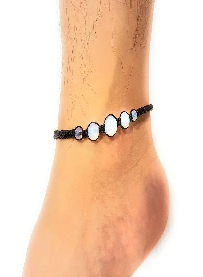 CCBFY Opal Moonstone Anklet Bracelet Braided Woven Wax Cord Adjustable Anklet for Men Women Black - Image 2